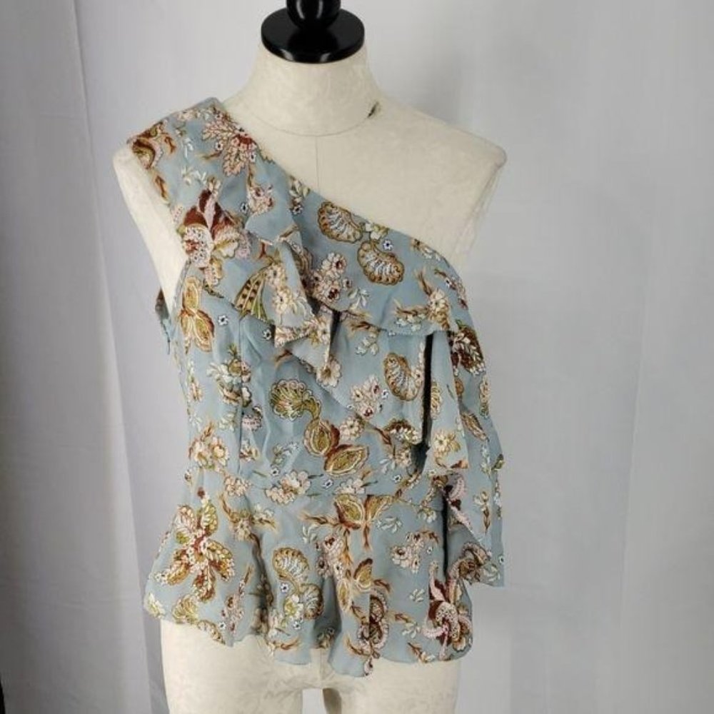 Amaryillis Light Blue One Shoulder Floral Blouse